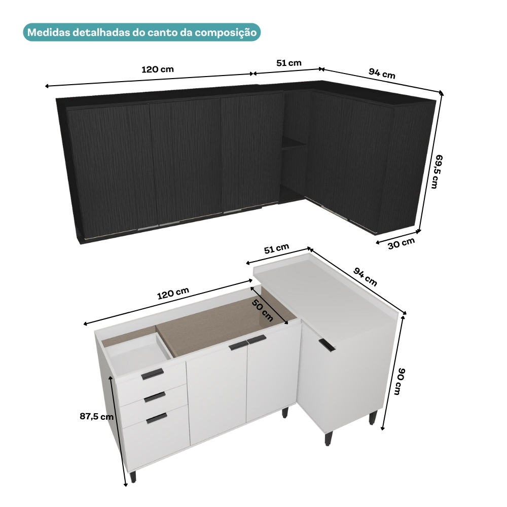 Armário de Cozinha Completa Lótus New Carraro Branco/Preto