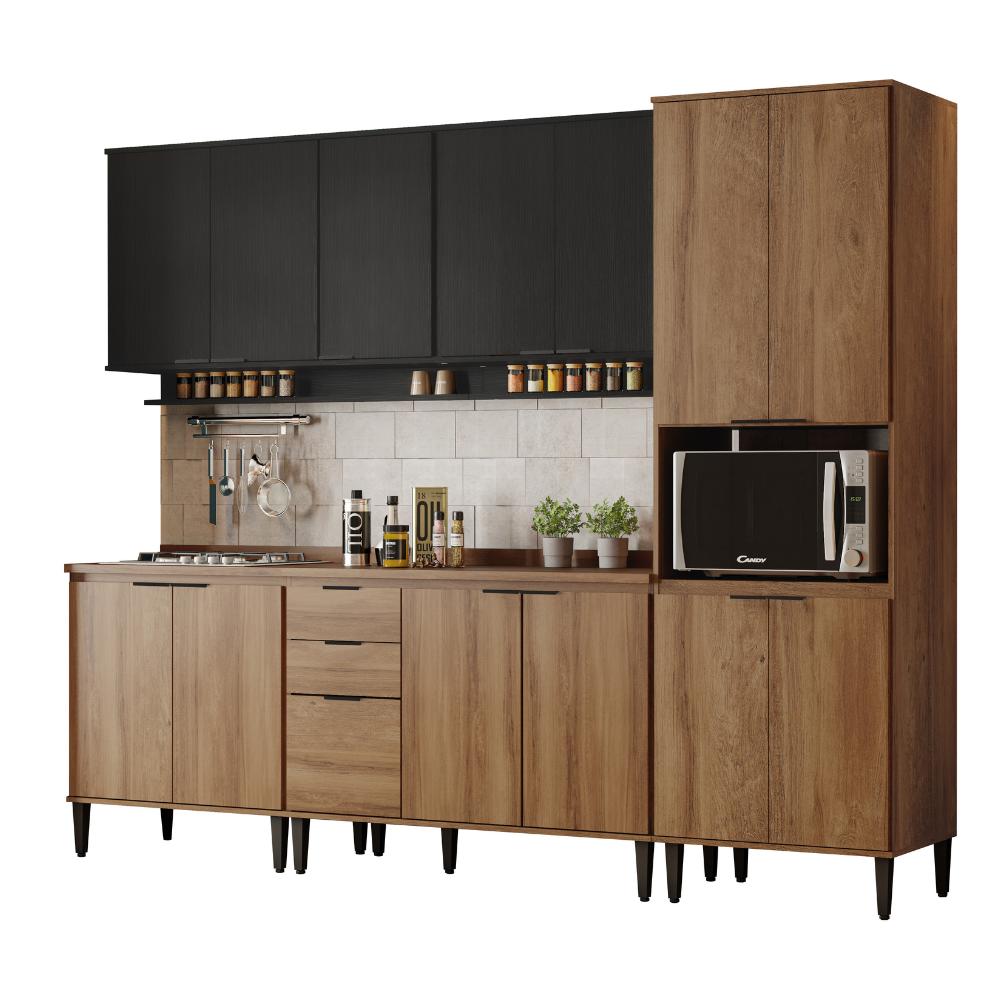 Armário de Cozinha Completa Miami Lift Carraro Preto Touch com Freijó