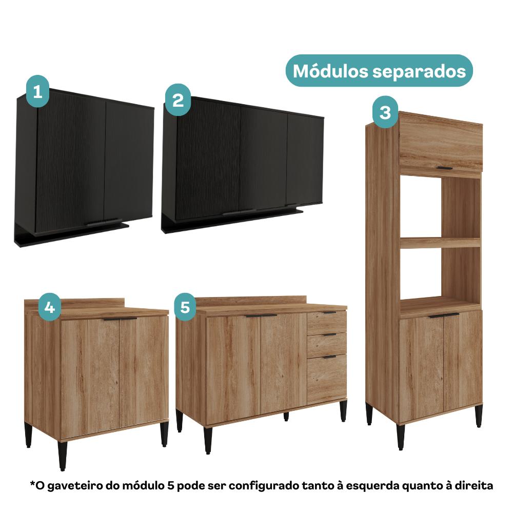 Armário de Cozinha Completa Miami Lift Carraro Preto Touch com Freijó