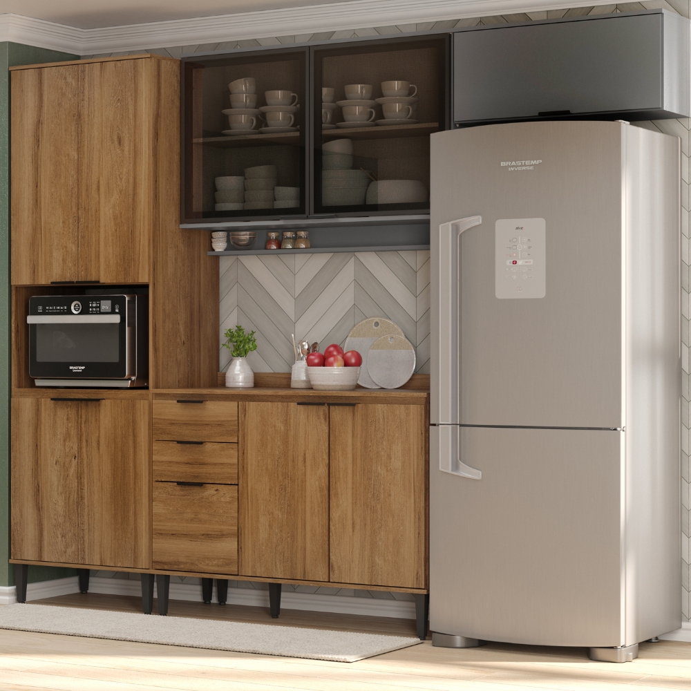 Armário de Cozinha Completa Miami Motion Carraro Freijó com Cinza Titânio
