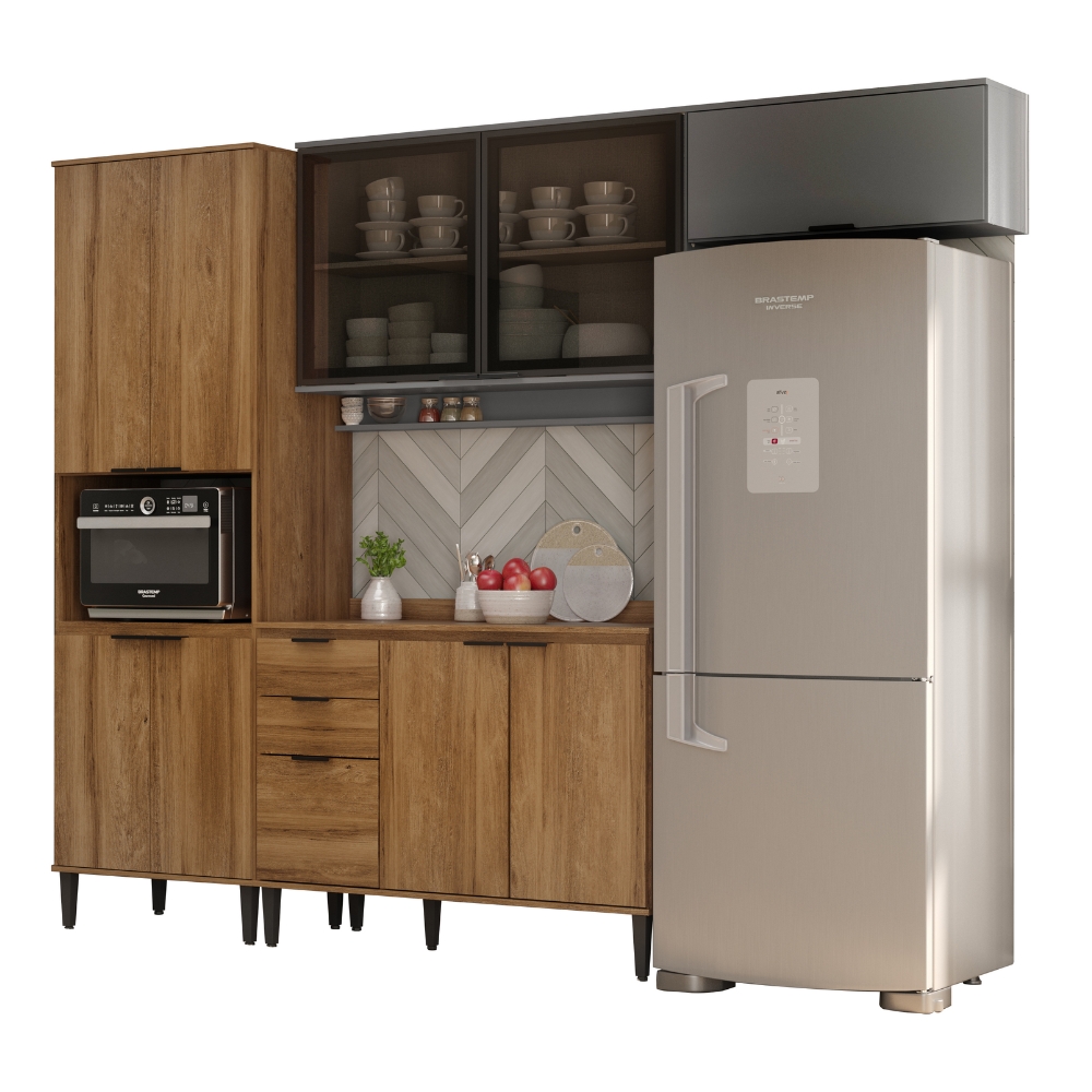 Armário de Cozinha Completa Miami Motion Carraro Freijó com Cinza Titânio