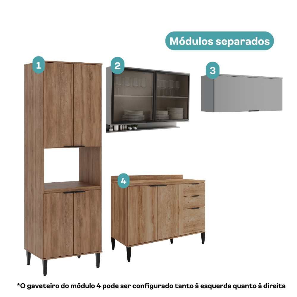 Armário de Cozinha Completa Miami Motion Carraro Freijó com Cinza Titânio
