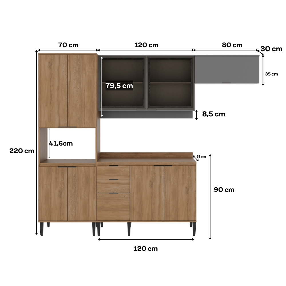 Armário de Cozinha Completa Miami Motion Carraro Freijó com Cinza Titânio