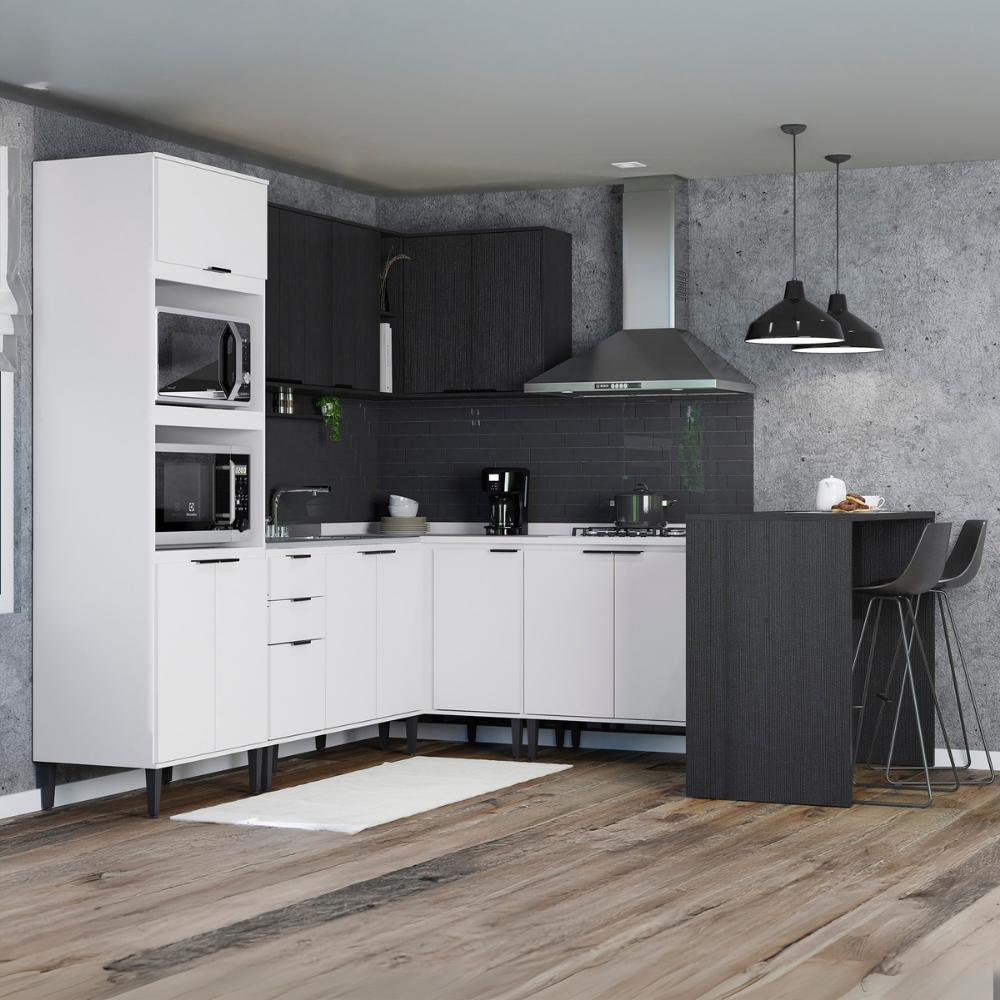 Armário de Cozinha Completa Miami New Carraro Branco e Preto Touch