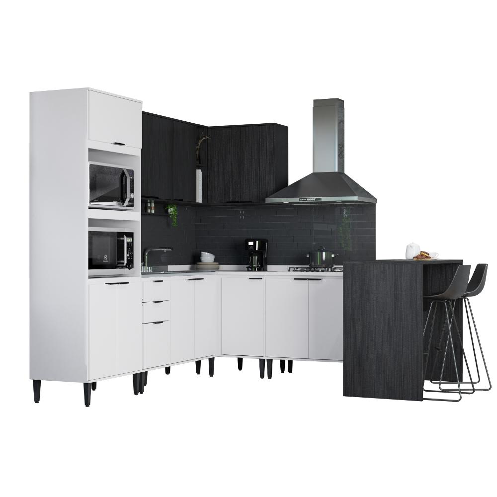 Armário de Cozinha Completa Miami New Carraro Branco e Preto Touch