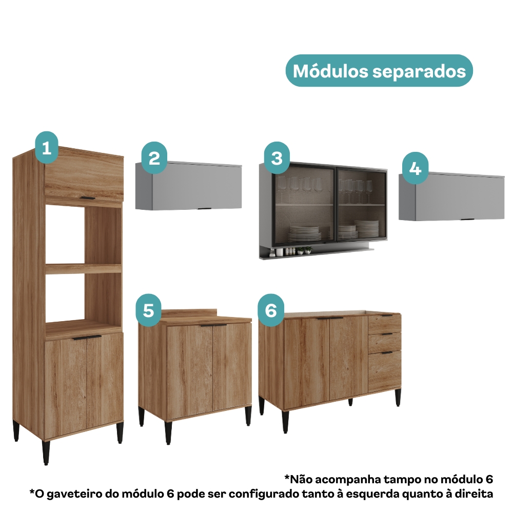Armário de Cozinha Completa Miami Wave Carraro Freijó e Cinza Titânio