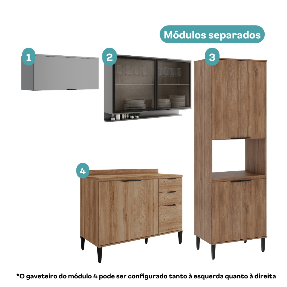 Armário de Cozinha Completa Miami Zen Carraro Freijó com Cinza Titânio