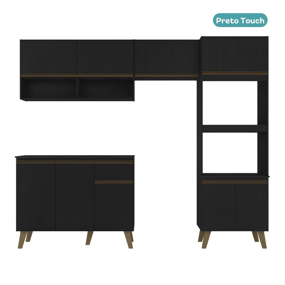 Armário de Cozinha Completa c Balcão Atlanta Essence Carraro Preto Touch