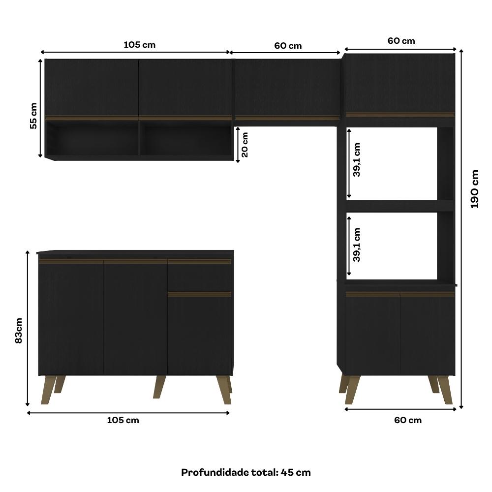 Armário de Cozinha Completa c Balcão Atlanta Essence Carraro Preto Touch