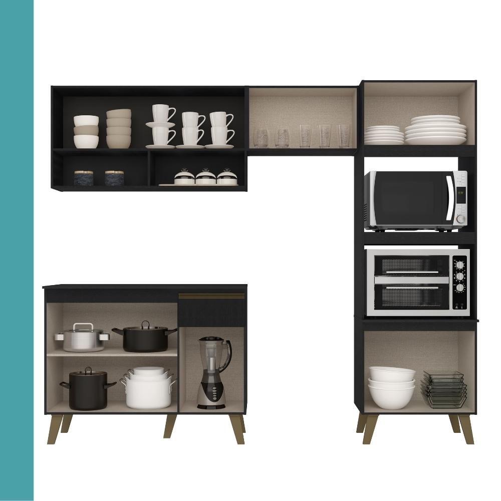 Armário de Cozinha Completa c Balcão Atlanta Essence Carraro Preto Touch