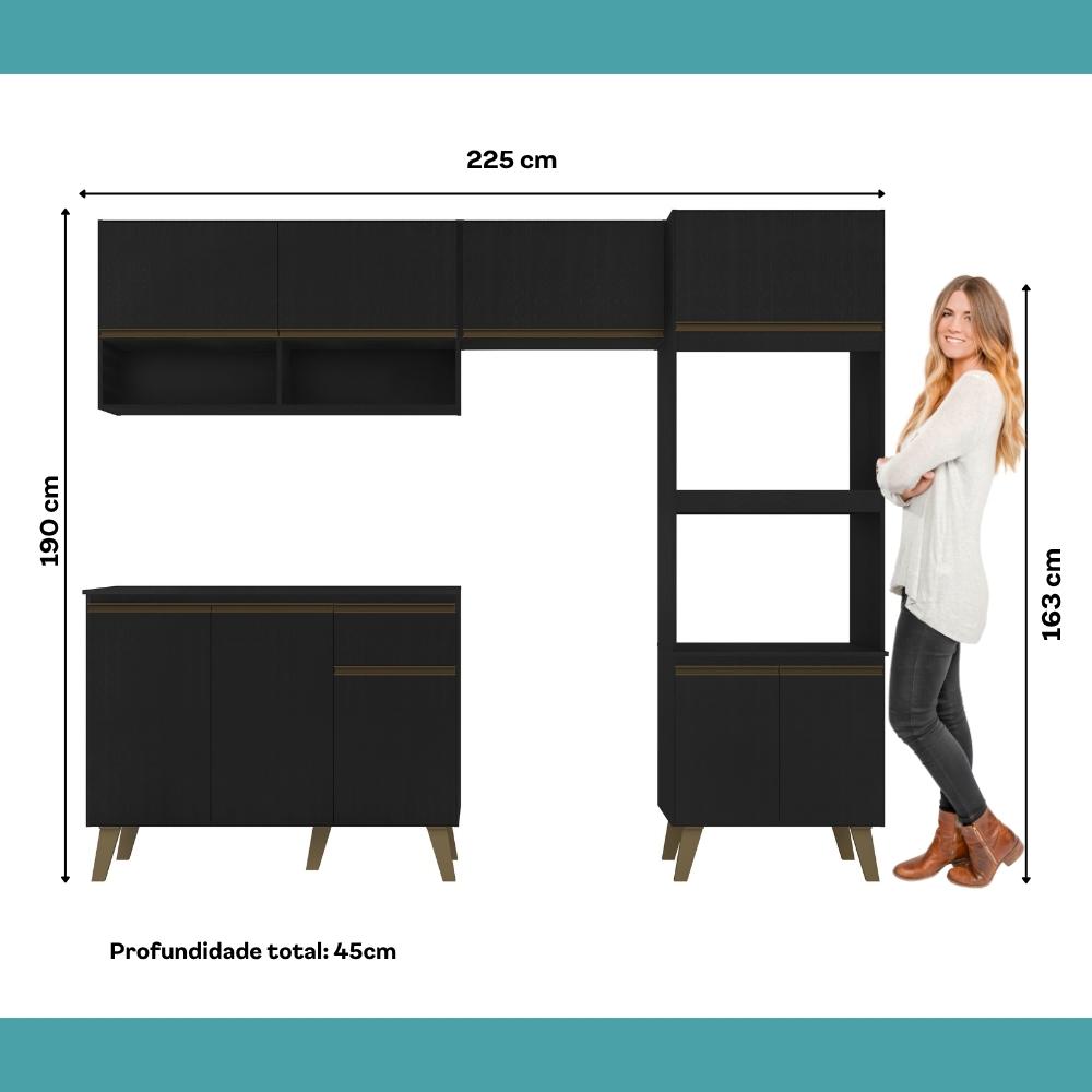 Armário de Cozinha Completa c Balcão Atlanta Essence Carraro Preto Touch