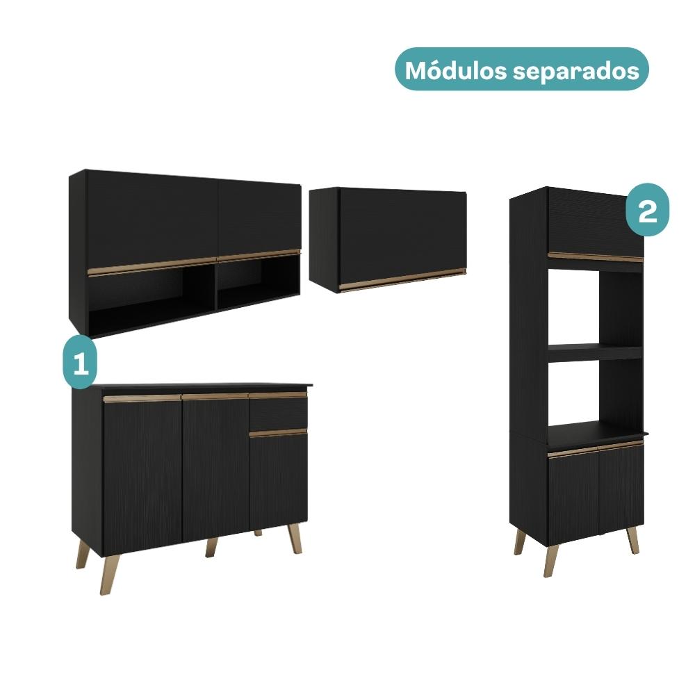 Armário de Cozinha Completa c Balcão Atlanta Essence Carraro Preto Touch