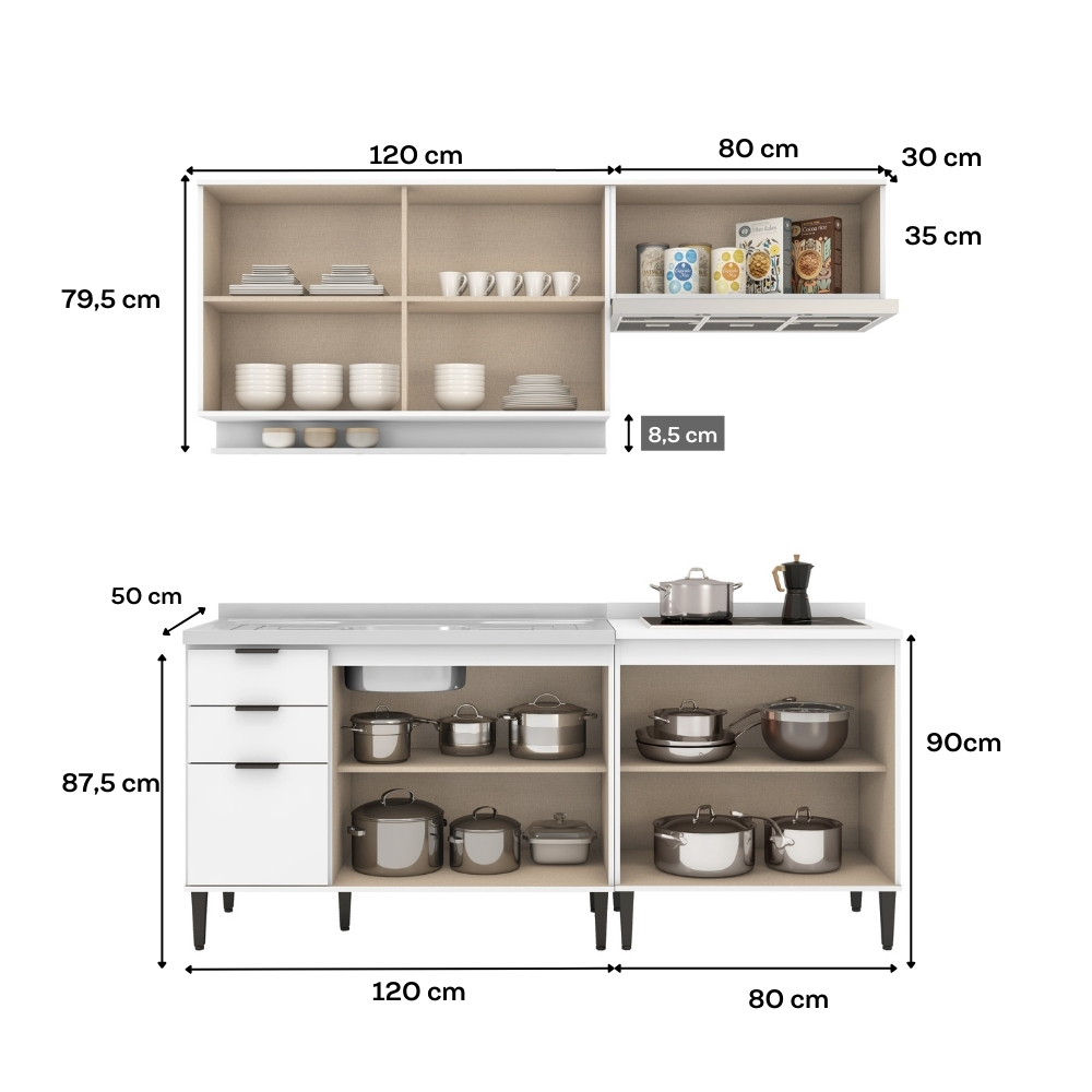 Armário de Cozinha Completa c Balcão Miami Belle Carraro Branco