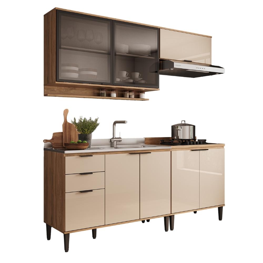 Armário de Cozinha Completa c Balcão Miami Belle Carraro Off White c Freijó