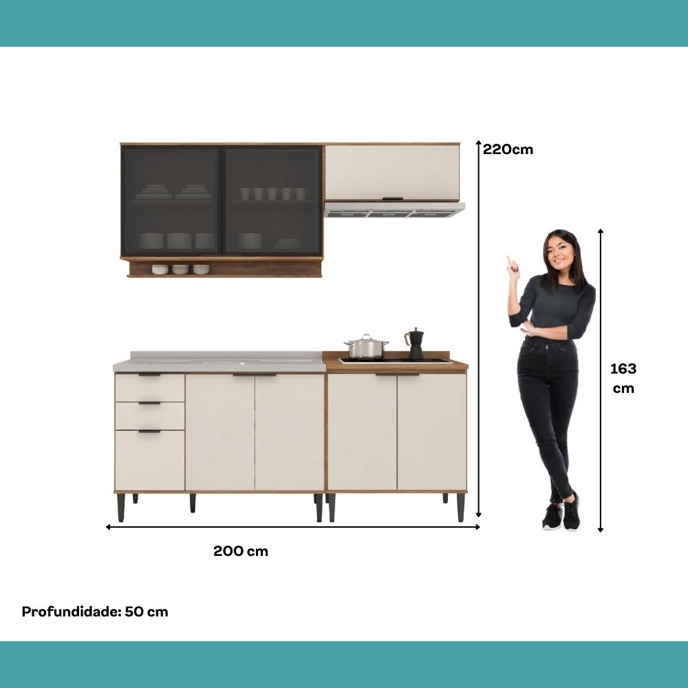 Armário de Cozinha Completa c Balcão Miami Belle Carraro Off White c Freijó
