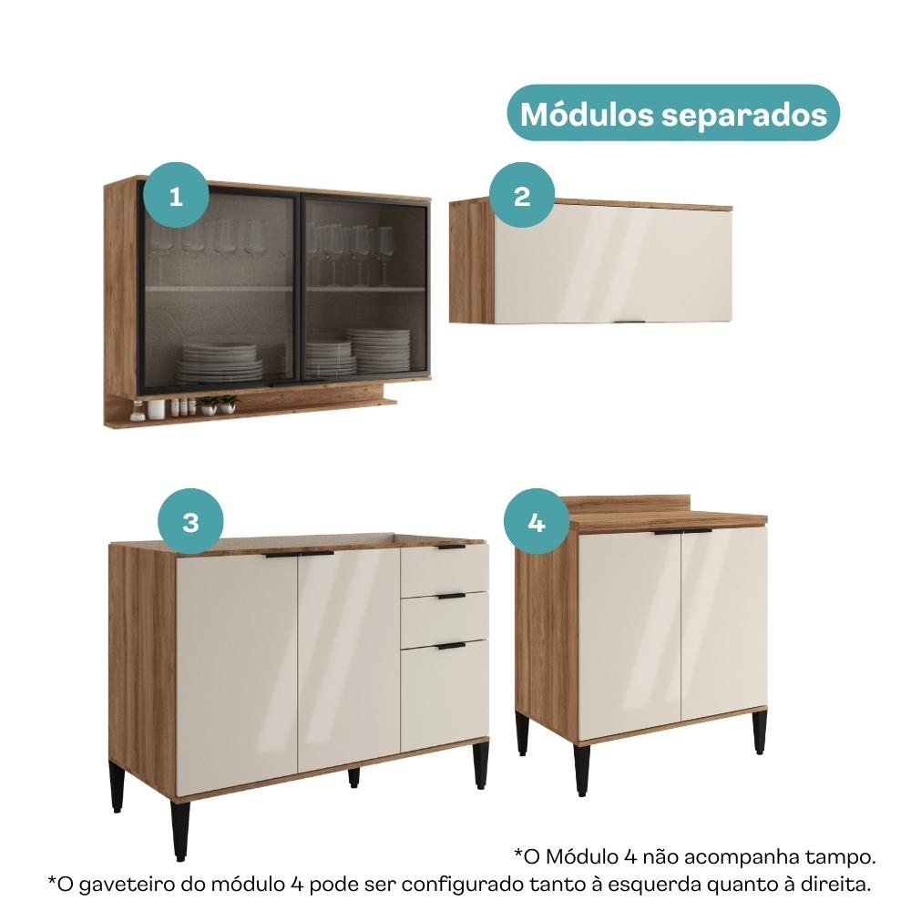 Armário de Cozinha Completa c Balcão Miami Belle Carraro Off White c Freijó