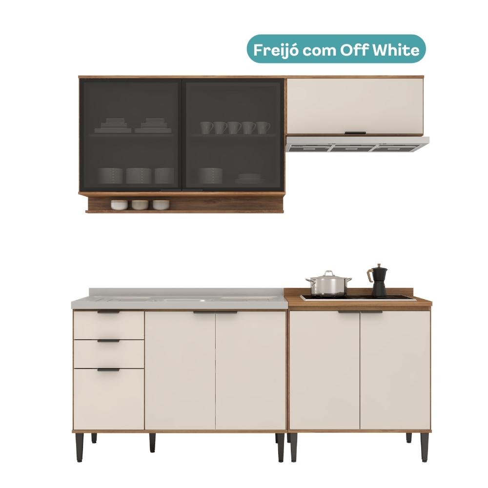 Armário de Cozinha Completa c Balcão Miami Belle Carraro Off White c Freijó