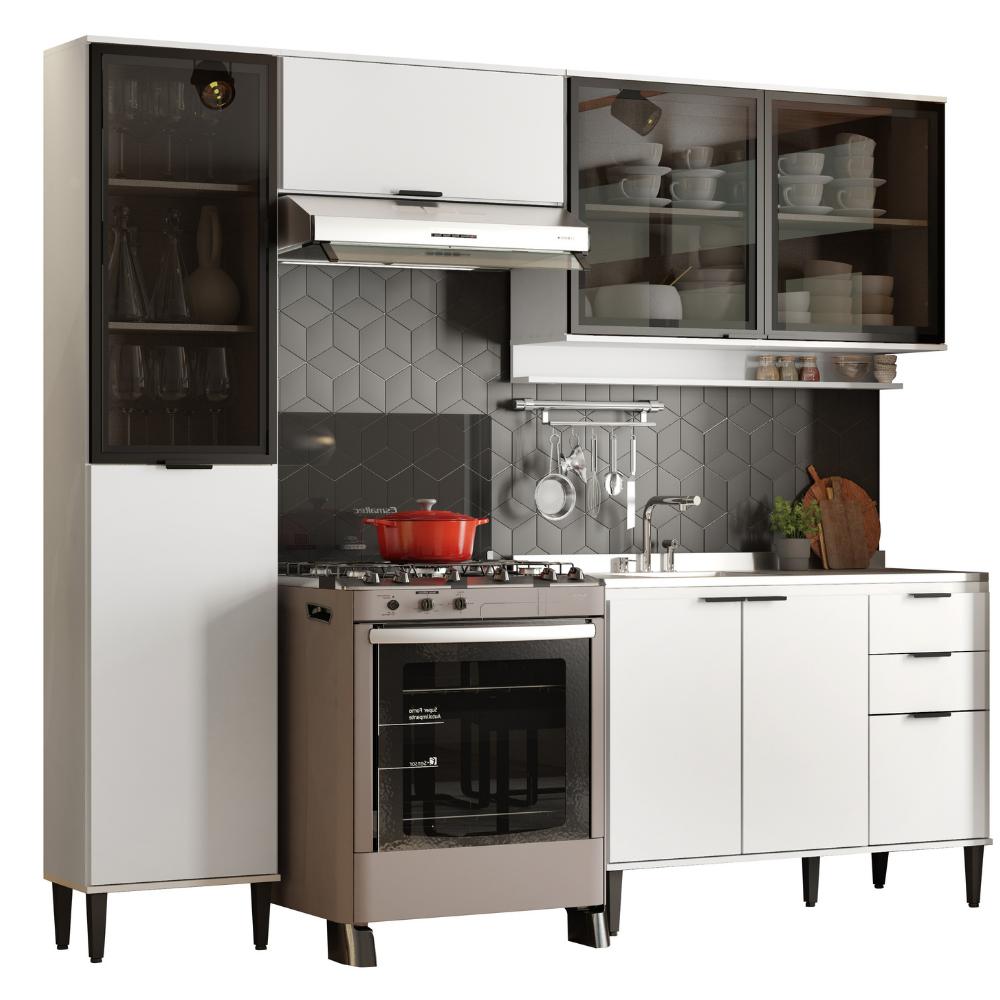 Armário de Cozinha Completa c Balcão Miami Boost Carraro Branco