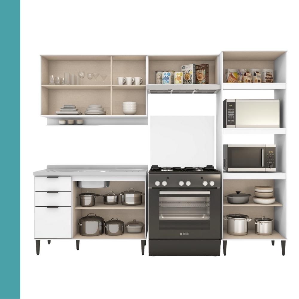 Armário de Cozinha Completa c Balcão Miami Box Carraro Branco