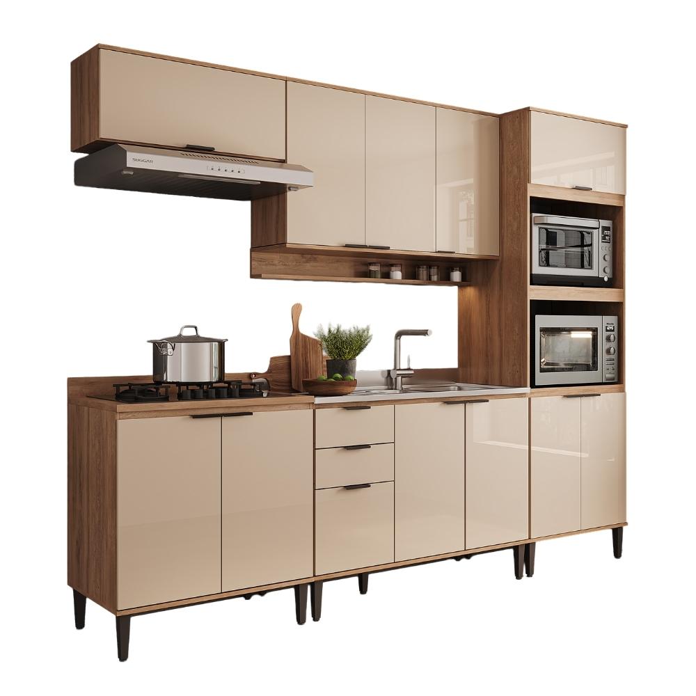 Armário de Cozinha Completa c Balcão Miami Box Carraro Off White c Freijó