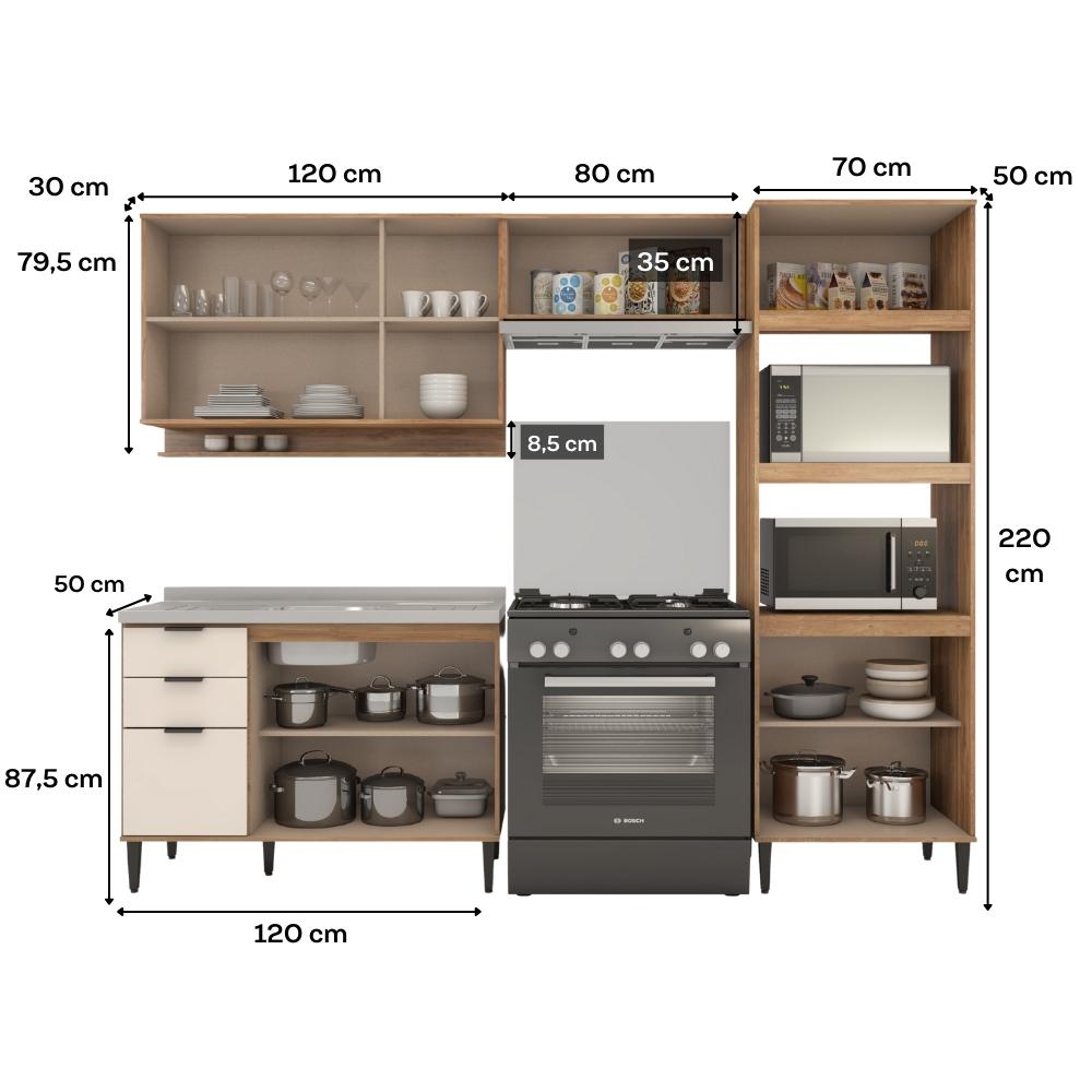 Armário de Cozinha Completa c Balcão Miami Box Carraro Off White c Freijó