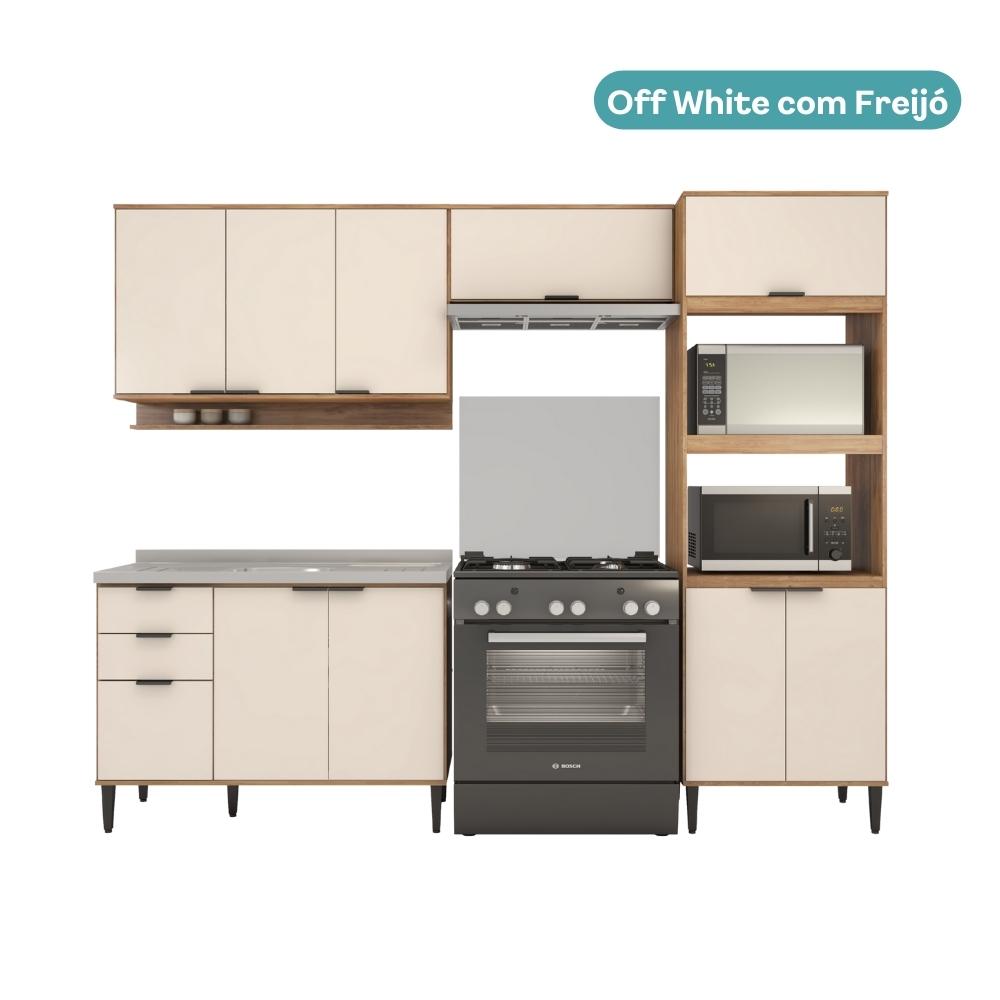 Armário de Cozinha Completa c Balcão Miami Box Carraro Off White c Freijó