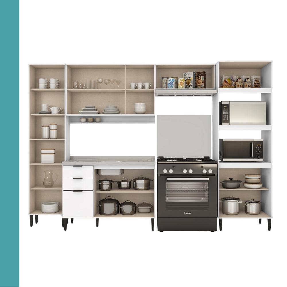 Armário de Cozinha Completa c Balcão Miami City Carraro Branco
