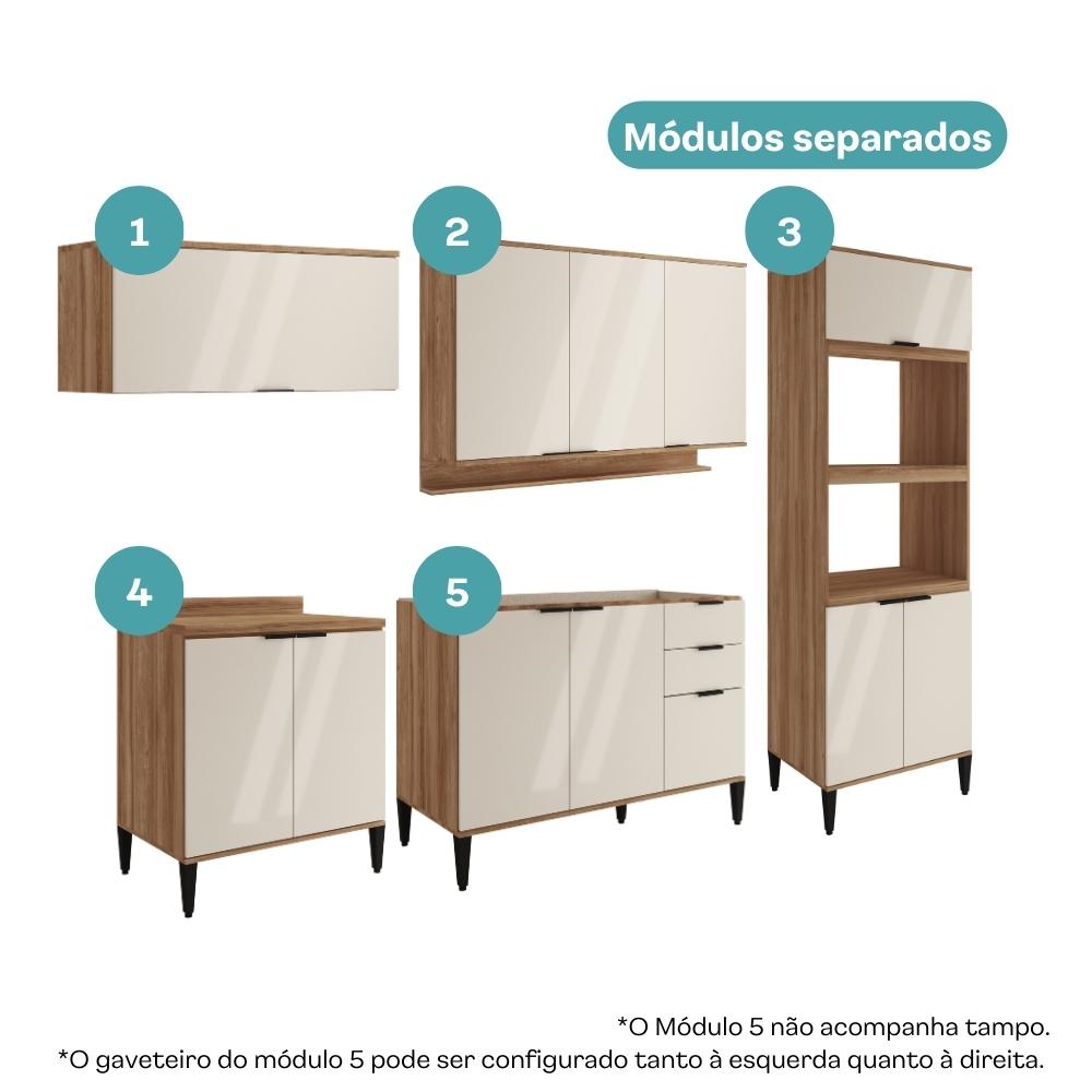 Armário de Cozinha Completa c Balcão Miami Essence Carraro Off White c Freijó