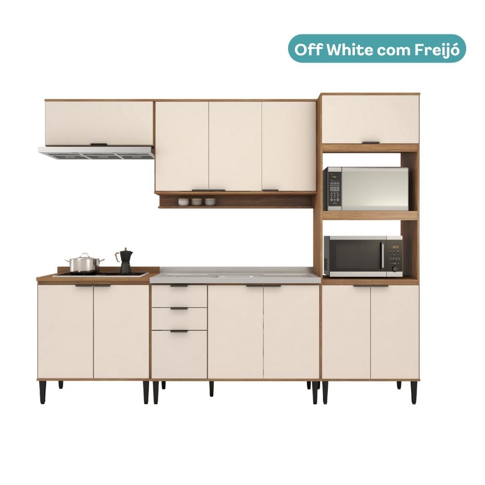 Armário de Cozinha Completa c Balcão Miami Essence Carraro Off White c Freijó