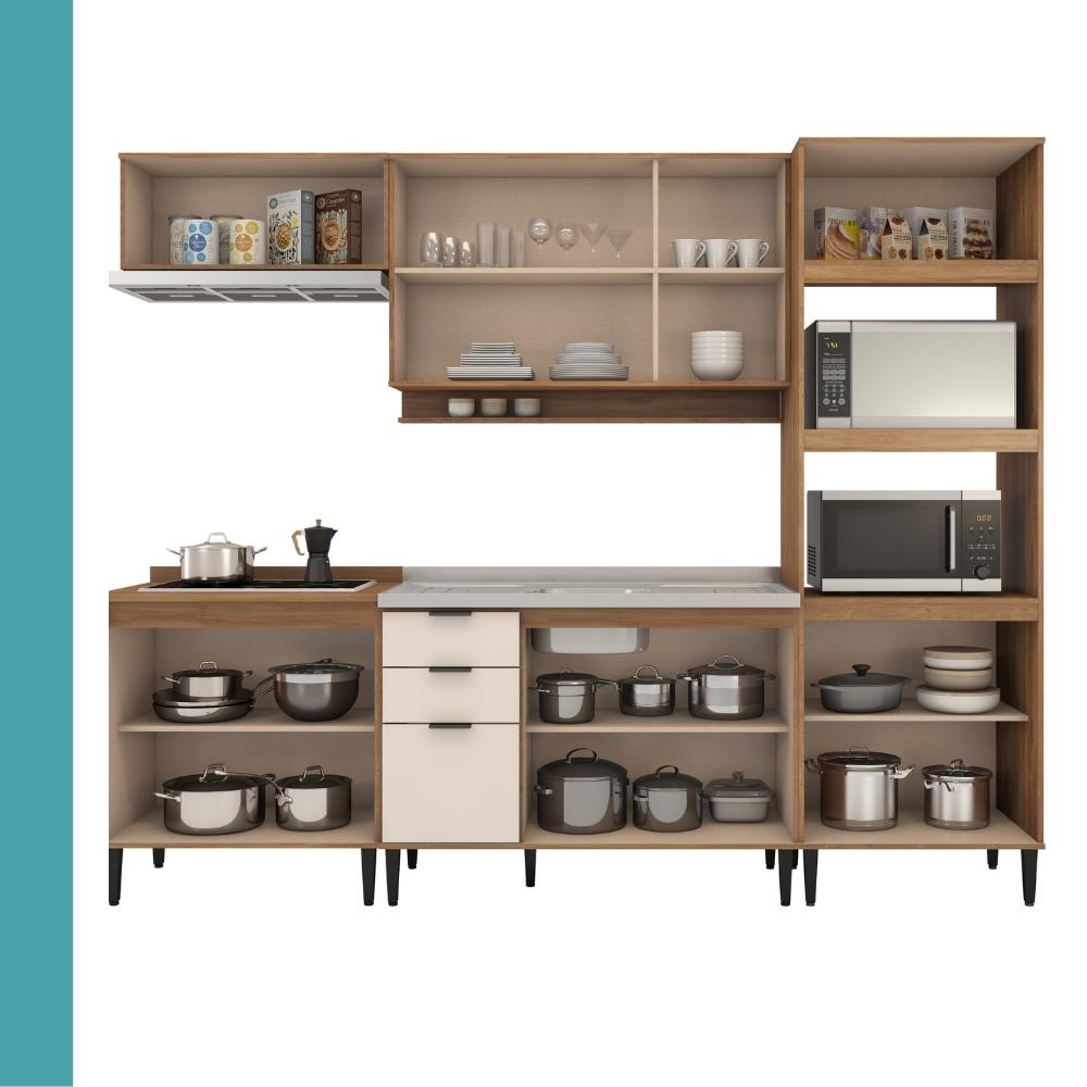 Armário de Cozinha Completa c Balcão Miami Essence Carraro Off White c Freijó