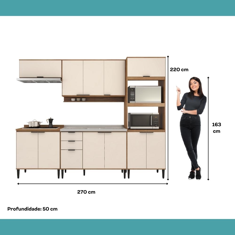 Armário de Cozinha Completa c Balcão Miami Essence Carraro Off White c Freijó