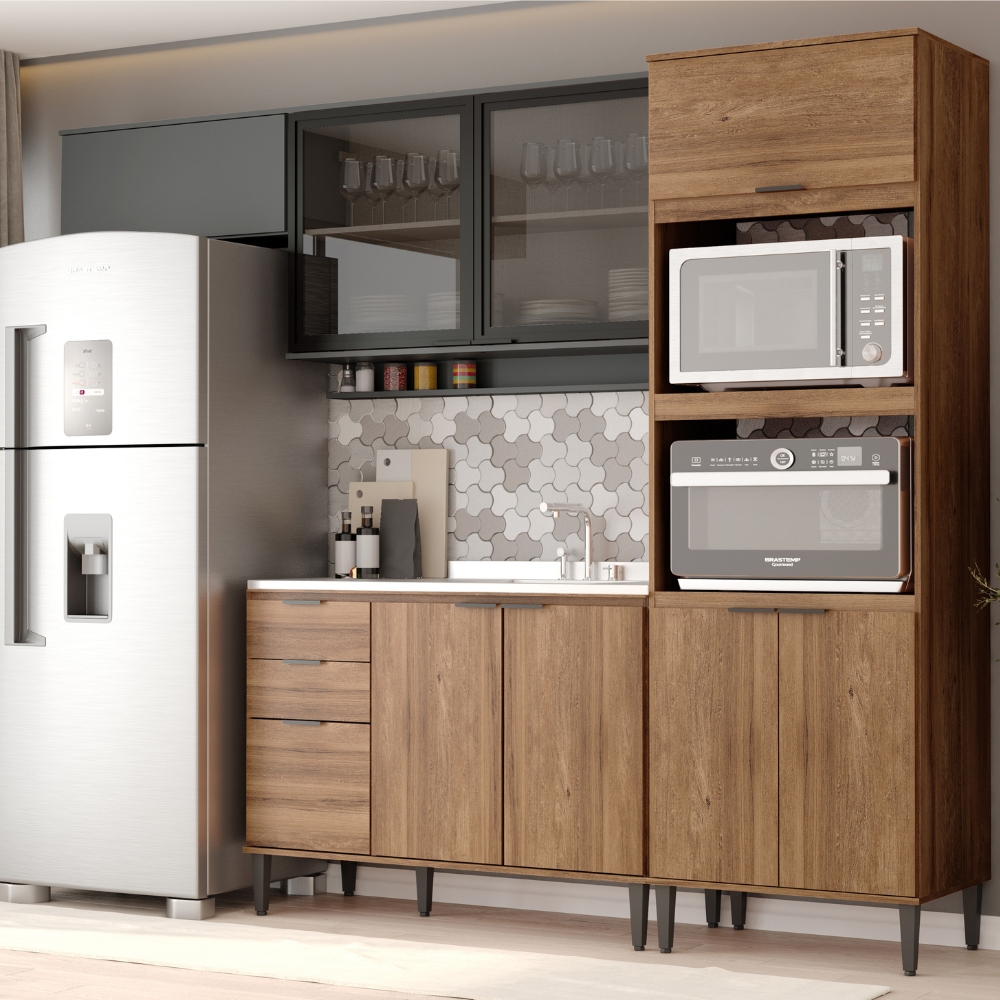 Armário de Cozinha Completa c Balcão Miami Fast Carraro Freijó com Cinza Titânio