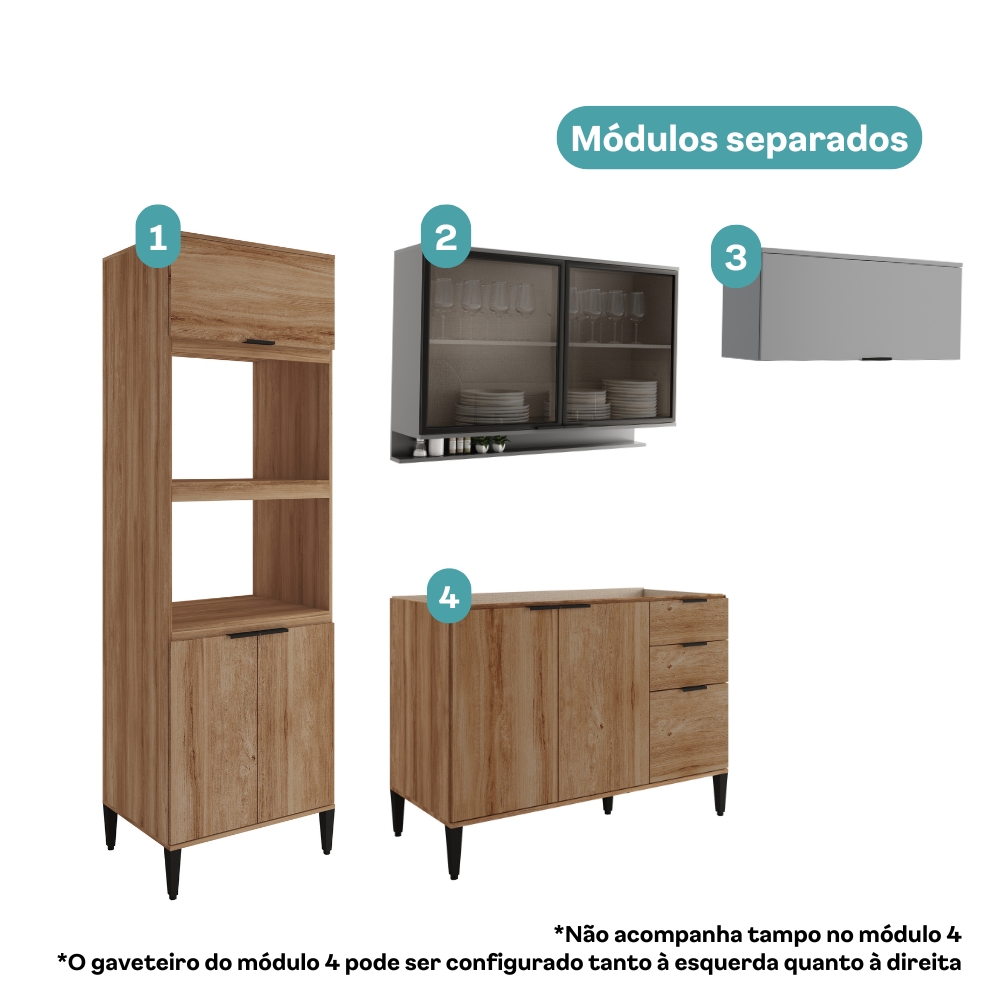 Armário de Cozinha Completa c Balcão Miami Fast Carraro Freijó com Cinza Titânio