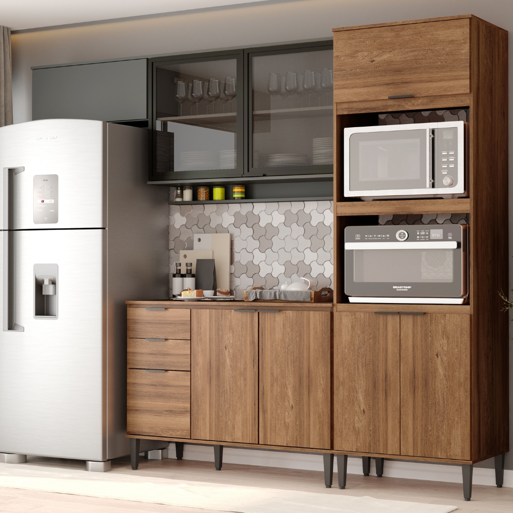Armário de Cozinha Completa c Balcão Miami Pop Carraro Freijó com Cinza Titânio