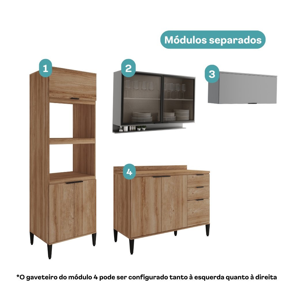 Armário de Cozinha Completa c Balcão Miami Pop Carraro Freijó com Cinza Titânio