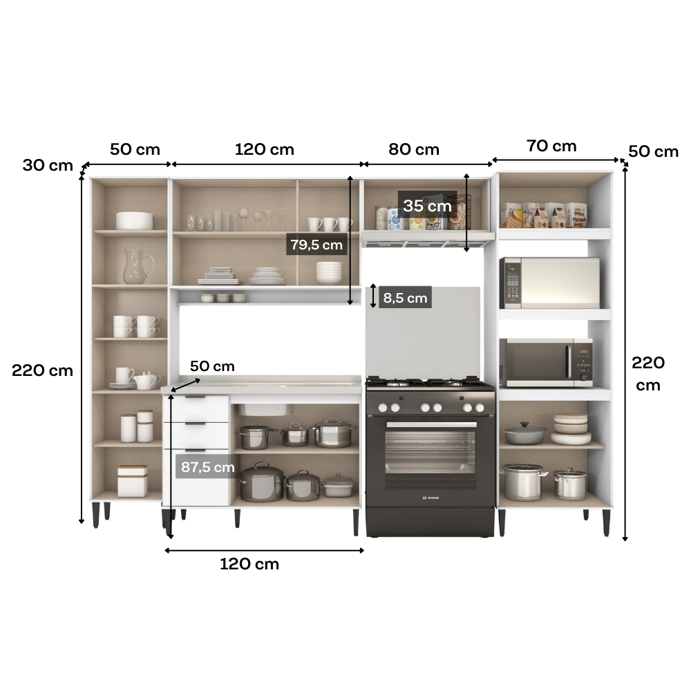 Armário de Cozinha Completa c Balcão Miami Pulse Carraro Branco