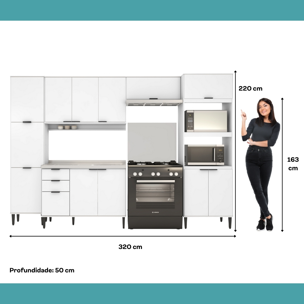 Armário de Cozinha Completa c Balcão Miami Pulse Carraro Branco