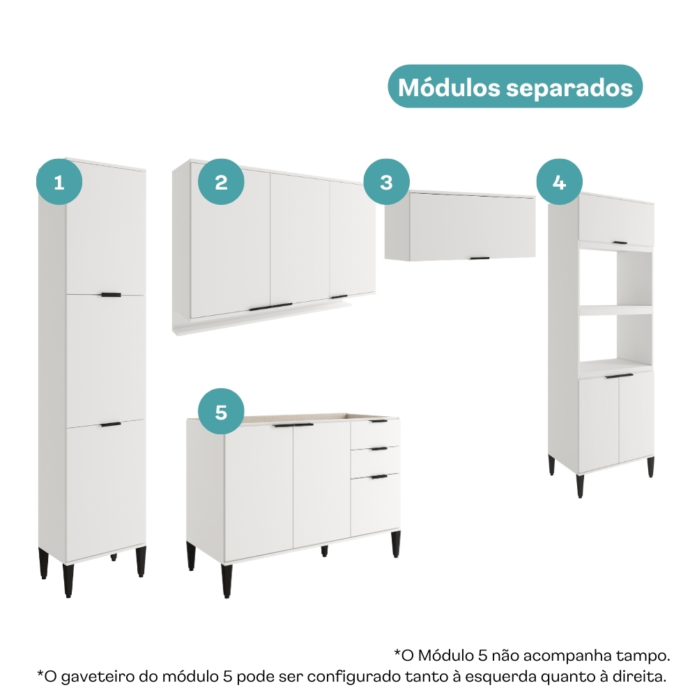 Armário de Cozinha Completa c Balcão Miami Pulse Carraro Branco