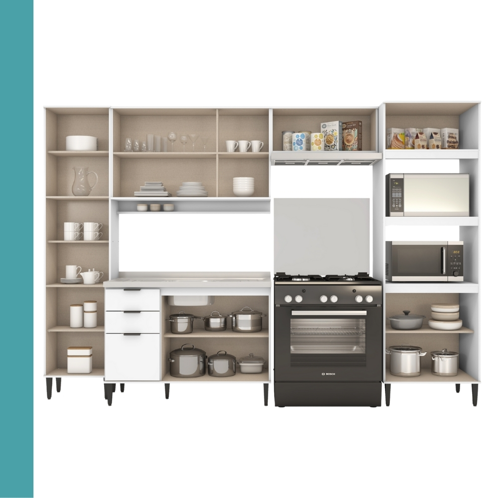 Armário de Cozinha Completa c Balcão Miami Pulse Carraro Branco