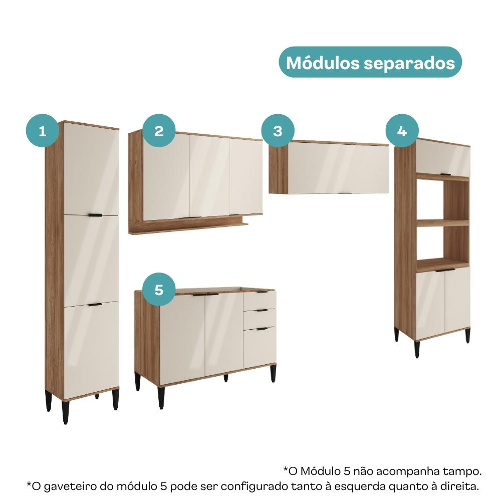 Armário de Cozinha Completa c Balcão Miami Pulse Carraro Off White c Freijó