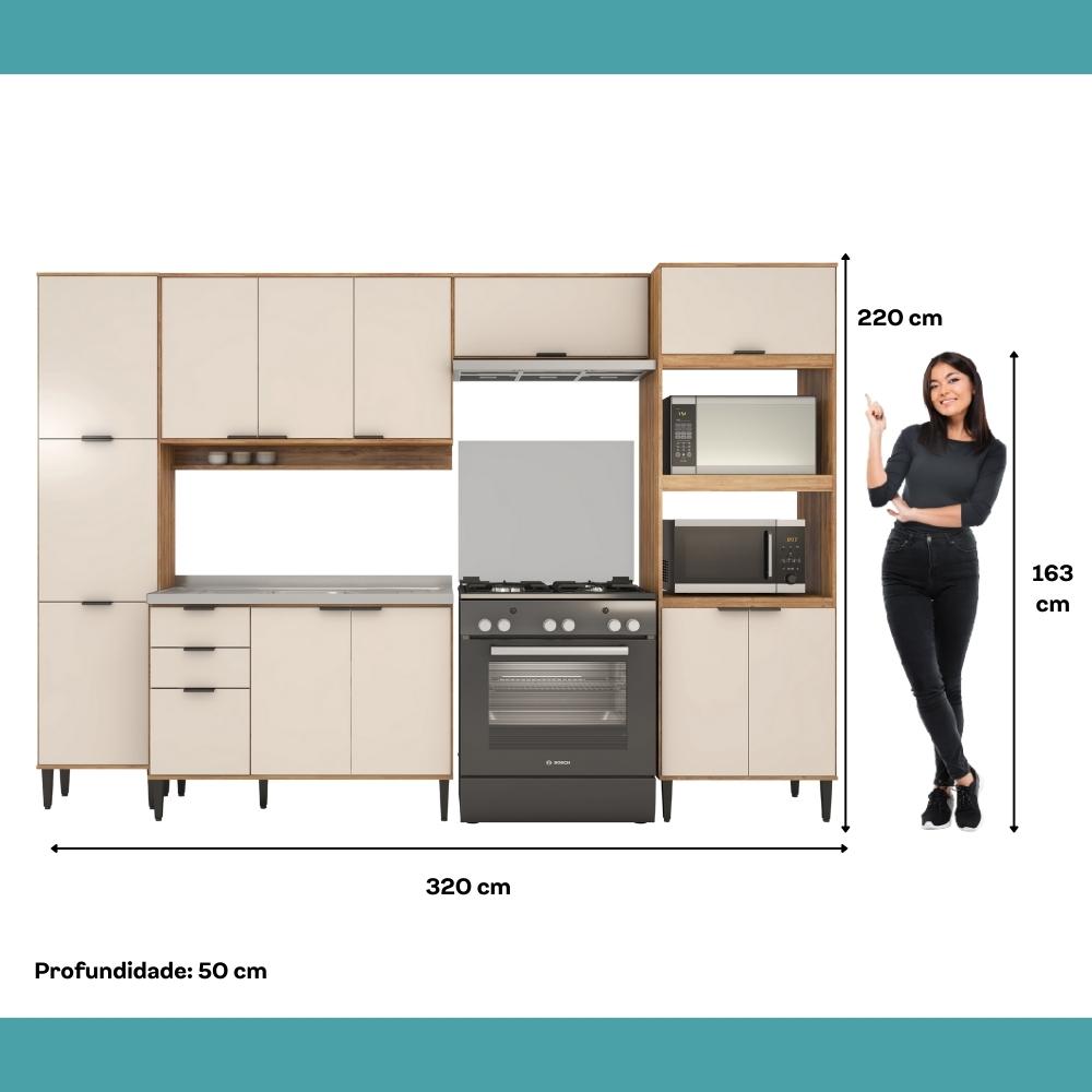 Armário de Cozinha Completa c Balcão Miami Pulse Carraro Off White c Freijó