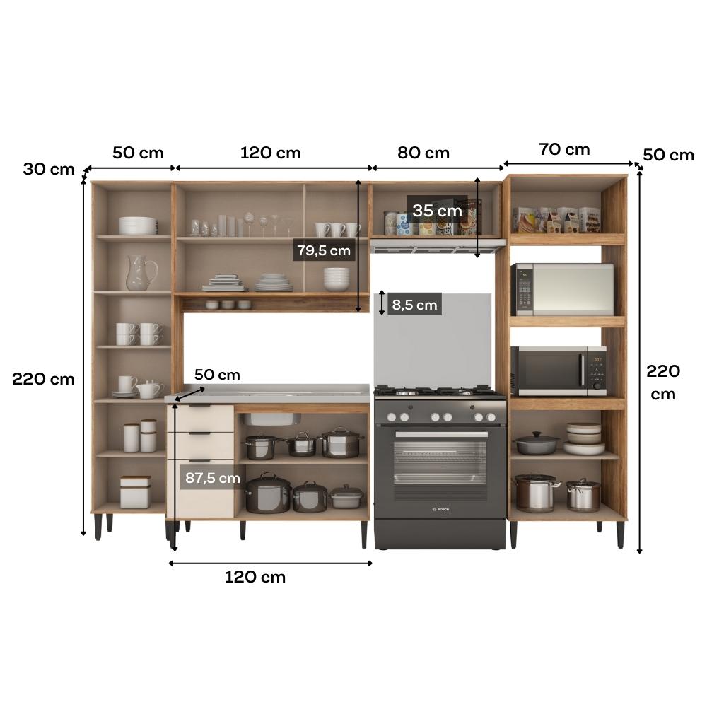 Armário de Cozinha Completa c Balcão Miami Pulse Carraro Off White c Freijó