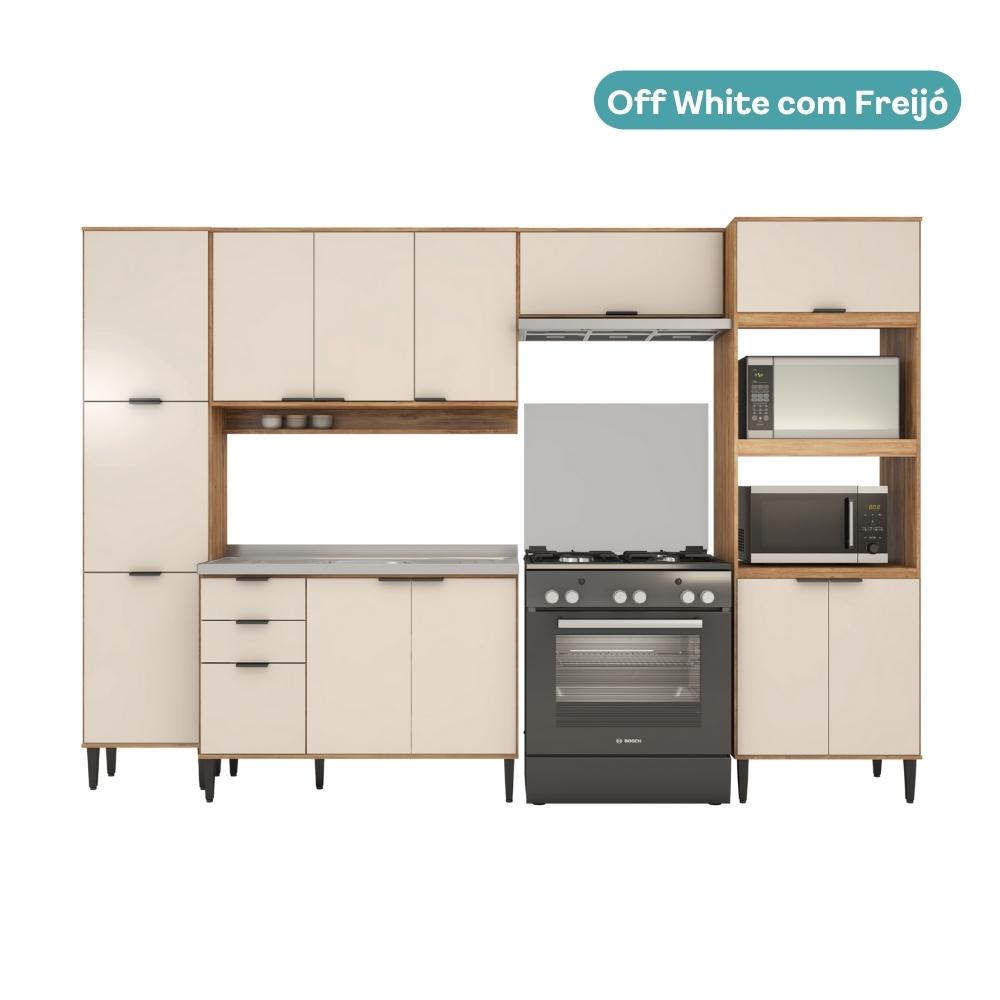 Armário de Cozinha Completa c Balcão Miami Pulse Carraro Off White c Freijó
