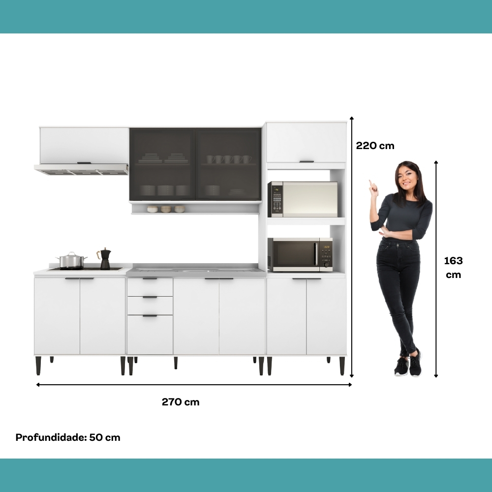 Armário de Cozinha Completa c Balcão Miami Studio Carraro Branco