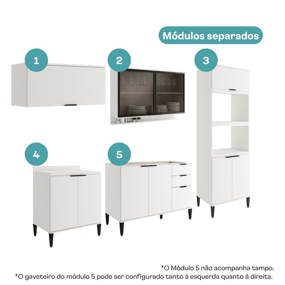 Armário de Cozinha Completa c Balcão Miami Studio Carraro Branco