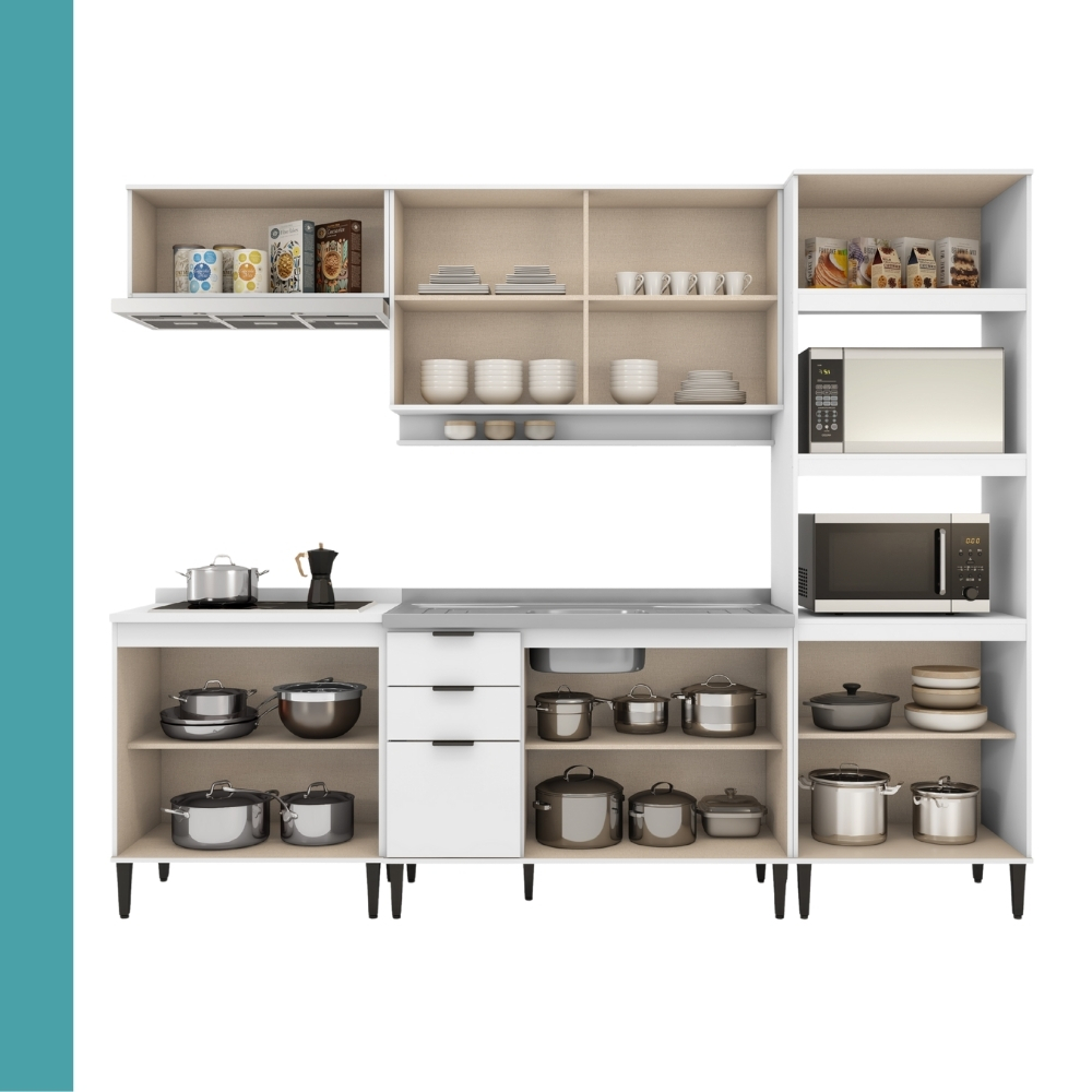 Armário de Cozinha Completa c Balcão Miami Studio Carraro Branco