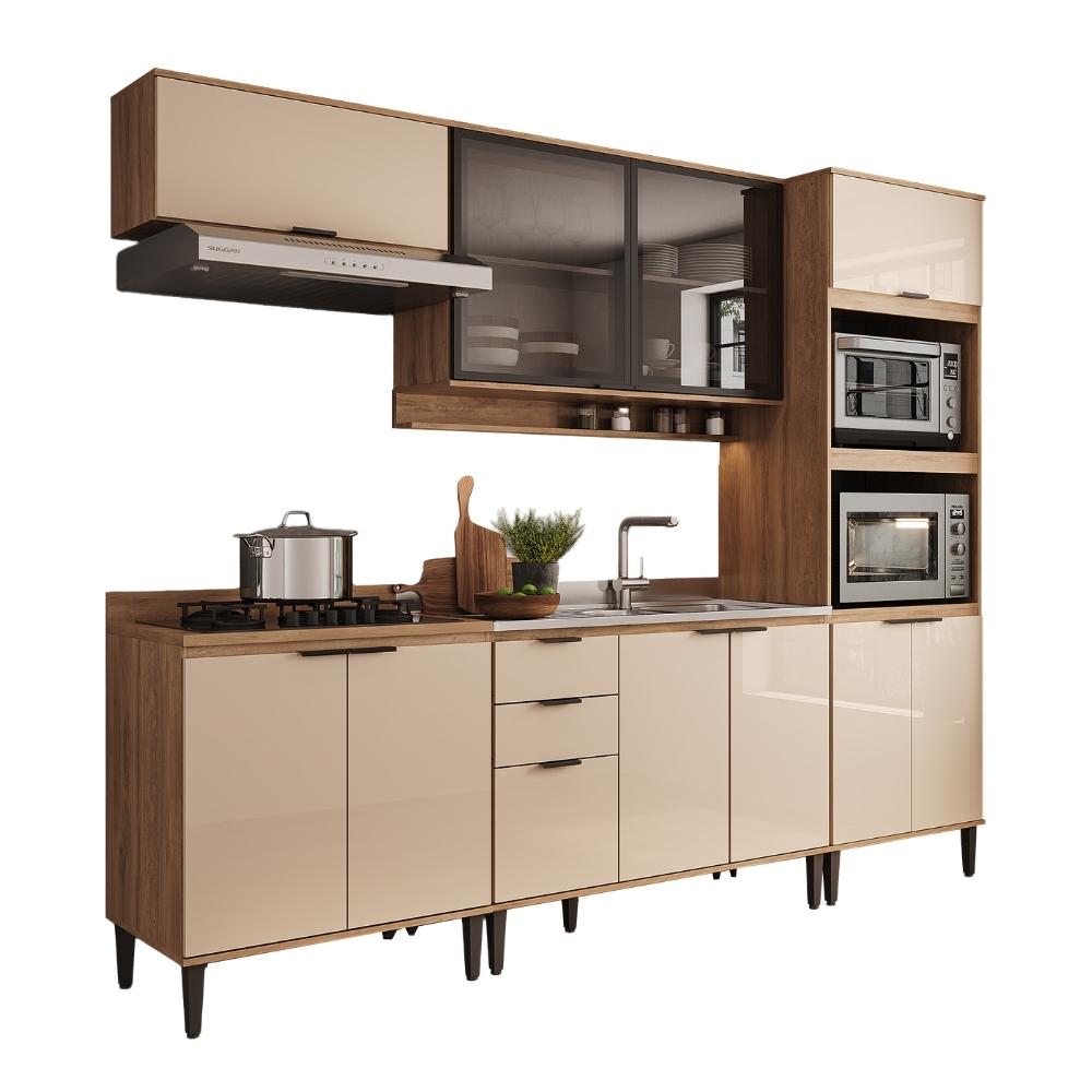 Armário de Cozinha Completa c Balcão Miami Studio Carraro Off White c Freijó