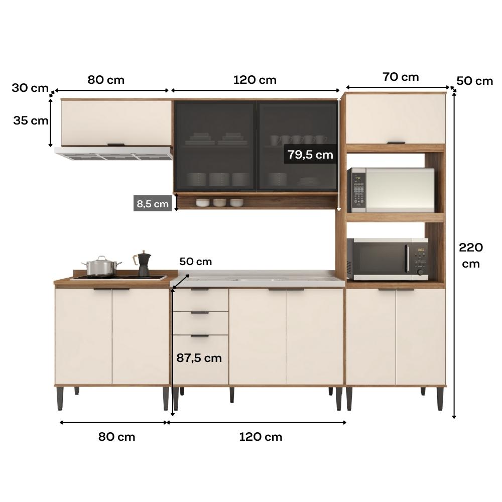 Armário de Cozinha Completa c Balcão Miami Studio Carraro Off White c Freijó