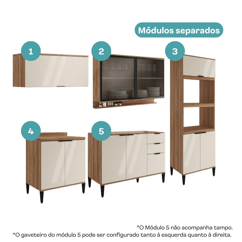 Armário de Cozinha Completa c Balcão Miami Studio Carraro Off White c Freijó