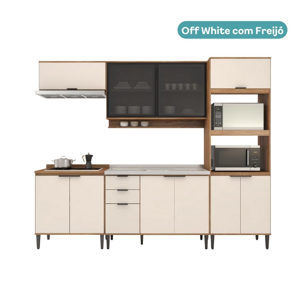 Armário de Cozinha Completa c Balcão Miami Studio Carraro Off White c Freijó